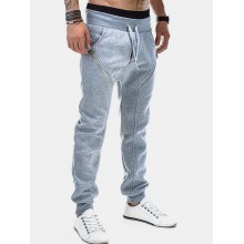 Mens Plain Zipper Pocket Button Fly Drawstring Waist Casual Jogger Pants