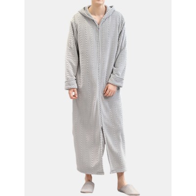Men Flannel Plain Thermal Warm Loose Hooded Pajama Set Robe Zip Down Thicken Comfortable Loungewear