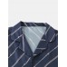 Mens Navy Stripe Pajama Set Revere Collar Two Pieces Faux Silk Home Sleepwear